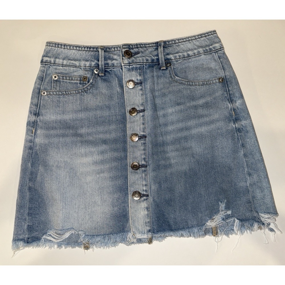 American Eagle Button Front Denim Mini Skirt 4 Jean Distressed Raw Hem AE Boho